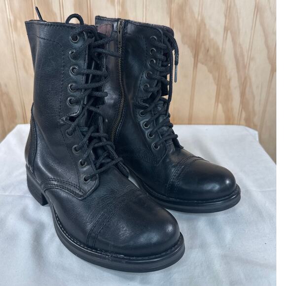Steve Madden Troopa Combat Boots Black Leather Women US 8.5 Lace Zip Closure - Picture 2 of 9